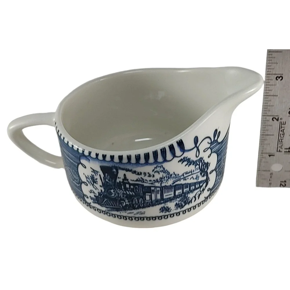 Vintage Currier and Ives Creamer Locomotive Blue White Mid Century Modern‎ SEE